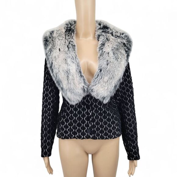 Cache Vintage Black Velvet and Gray Faux Fur Women's Carigan Sweater - Picture 1 of 13